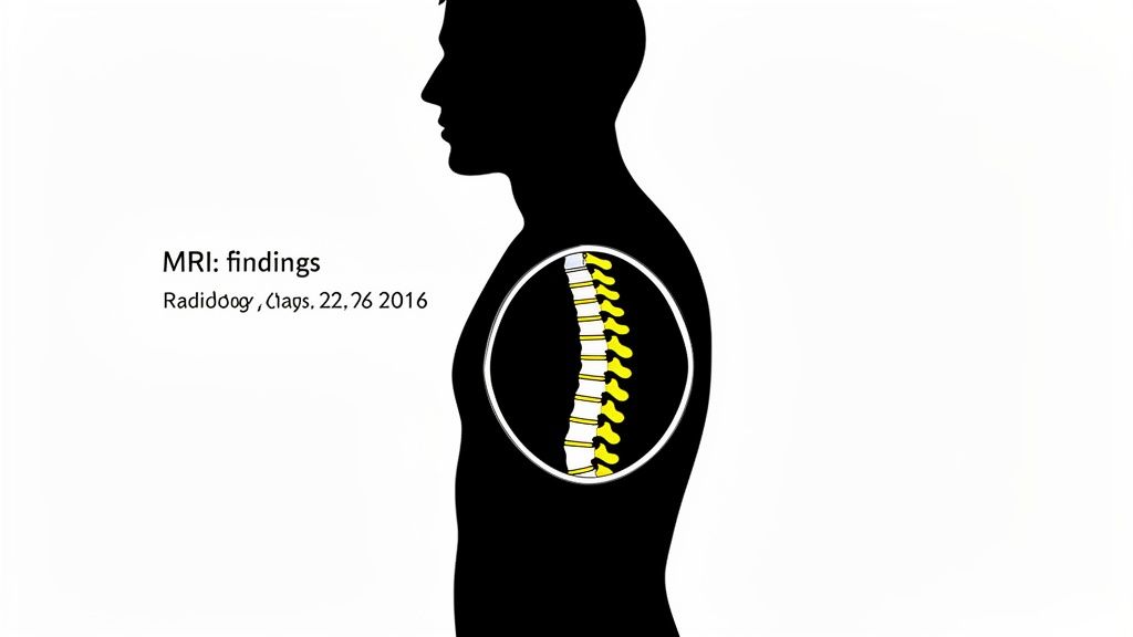Medical diagram illustrating spinal MRI findings within a human torso silhouette on a white background.