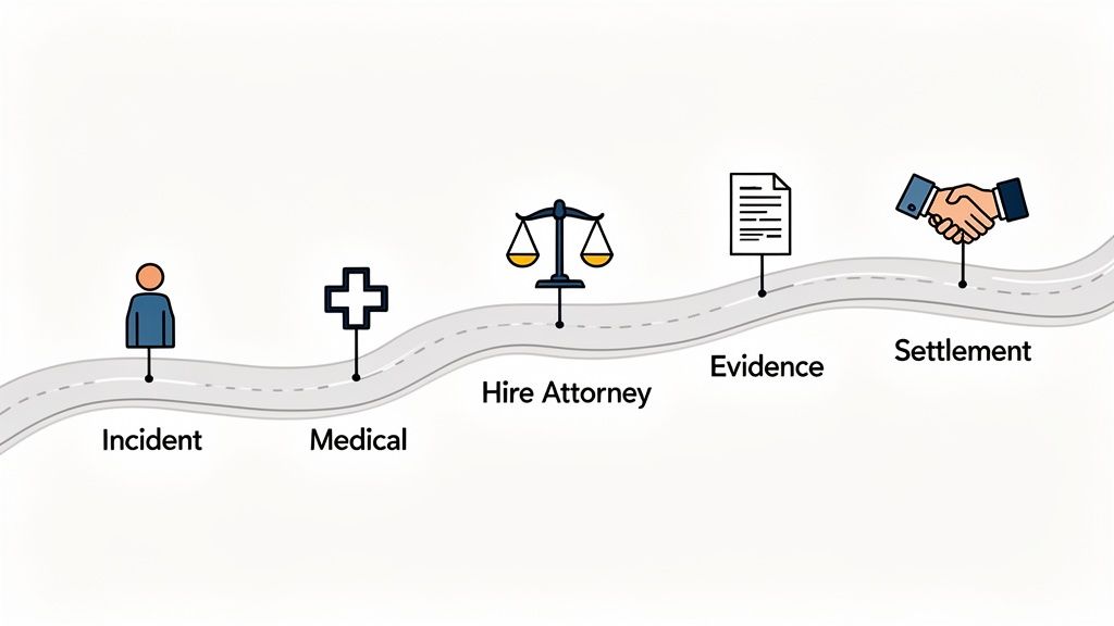 Timeline illustration outlining the steps in a personal injury claim: from incident to settlement.