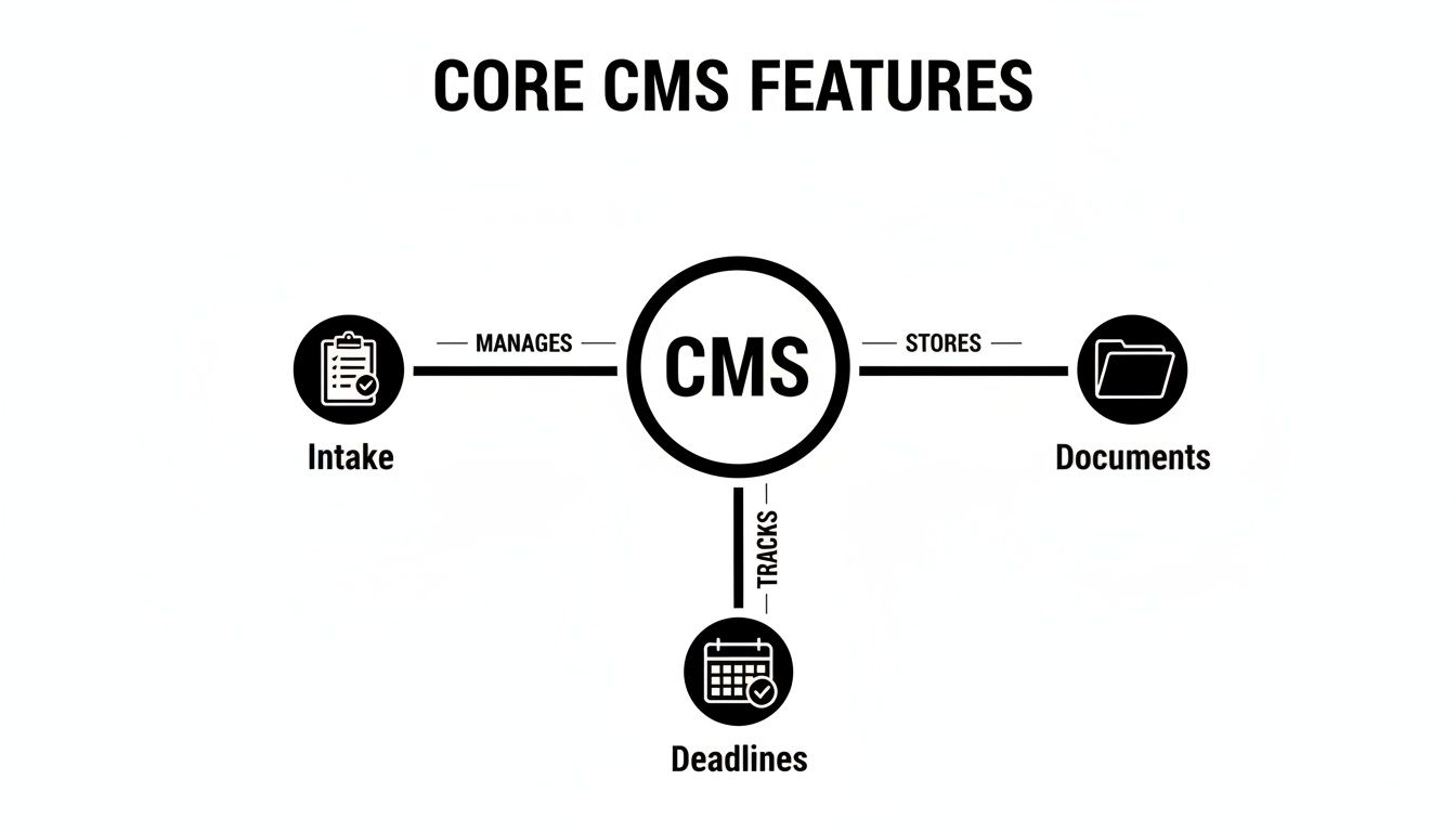 Diagram illustrating core CMS features: manages intake, stores documents, and tracks deadlines.