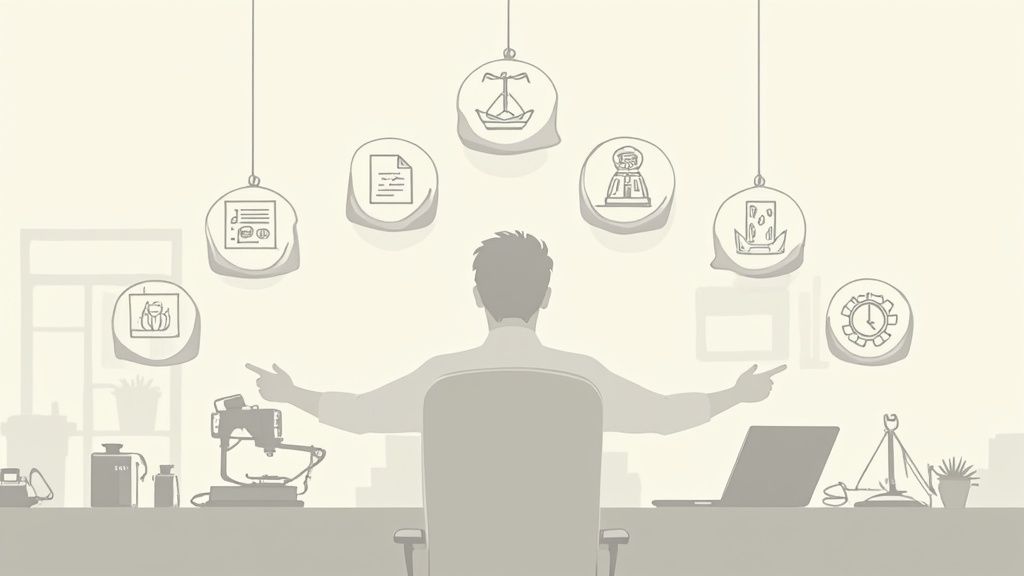 A person at a desk contemplating various ideas represented by floating icons above them.