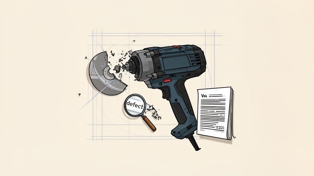 An impact drill breaking a disc, with a magnifying glass highlighting 'defect' and legal documents nearby.