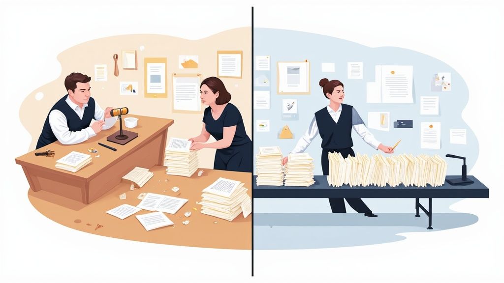 Illustration contrasting messy manual document handling with streamlined, automated legal workflow management.