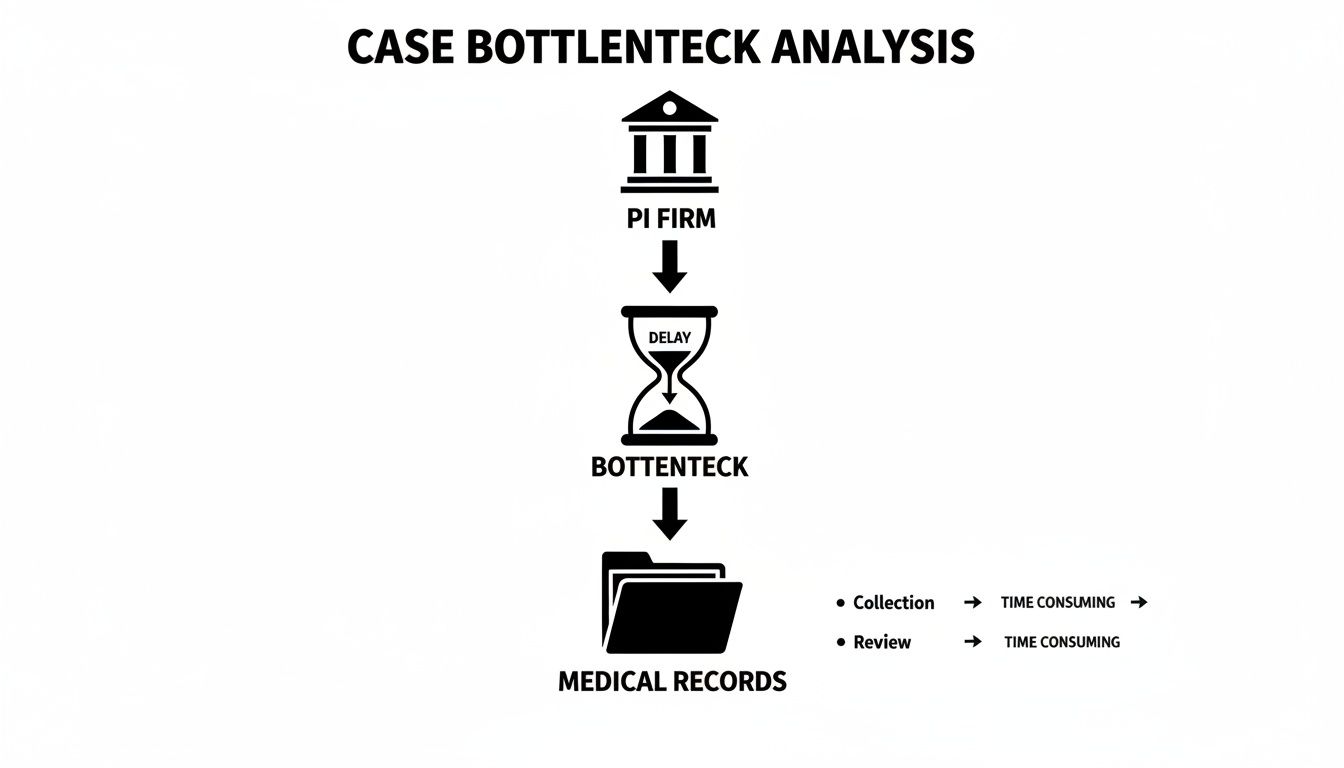 Flowchart showing a PI firm's process, identifying a delay and bottleneck in medical records collection and review.