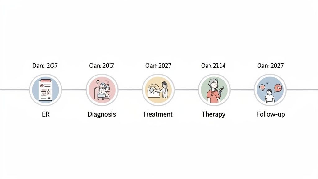A timeline graphic depicting five stages of a medical patient journey: ER, Diagnosis, Treatment, Therapy, and Follow-up.