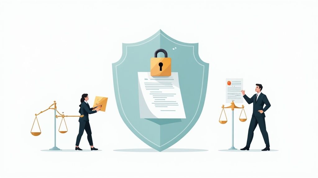 Illustration of legal professionals, balance scales, and a shield with a padlock, symbolizing data protection and justice.