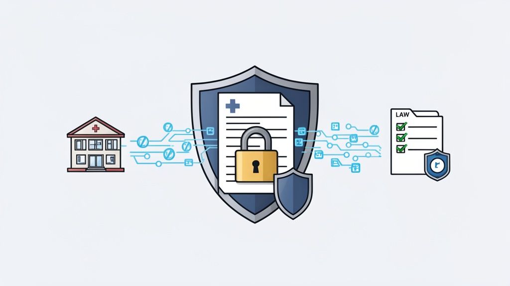 An illustration depicting medical record security, connecting a hospital to secure documents and legal compliance.