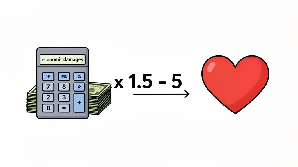A visual formula showing economic damages multiplied by 1.5 minus 5 to equal a red heart.