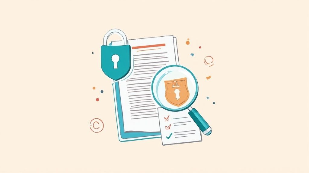 Digital security concept with lock, documents, magnifying glass and shield representing legal compliance review