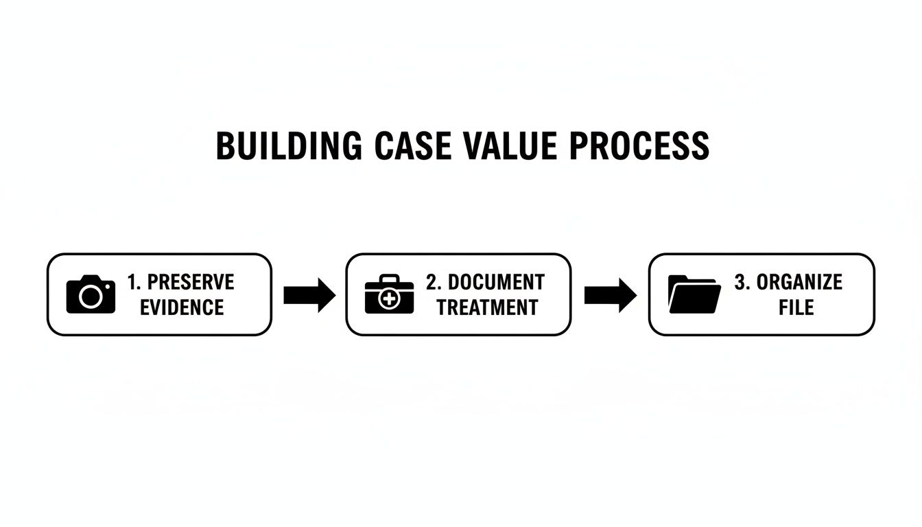 A flowchart illustrating the three-step process of building case value: preserve evidence, document treatment, and organize files.