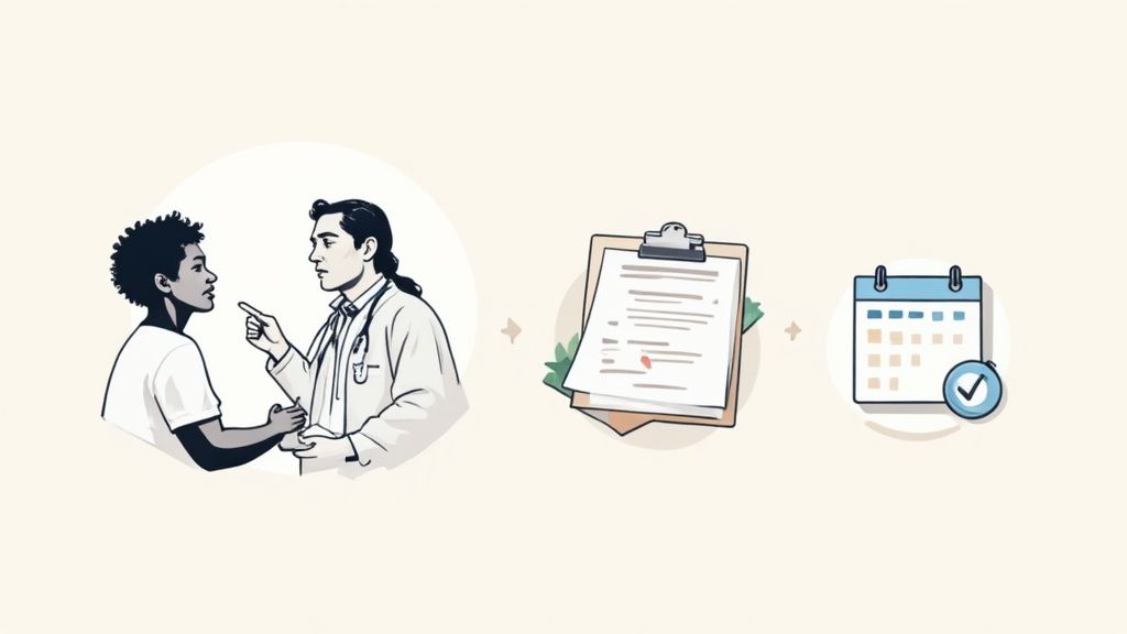 An illustration showing a medical timeline: a patient talks to a doctor, followed by documents, and a calendar with a checkmark.