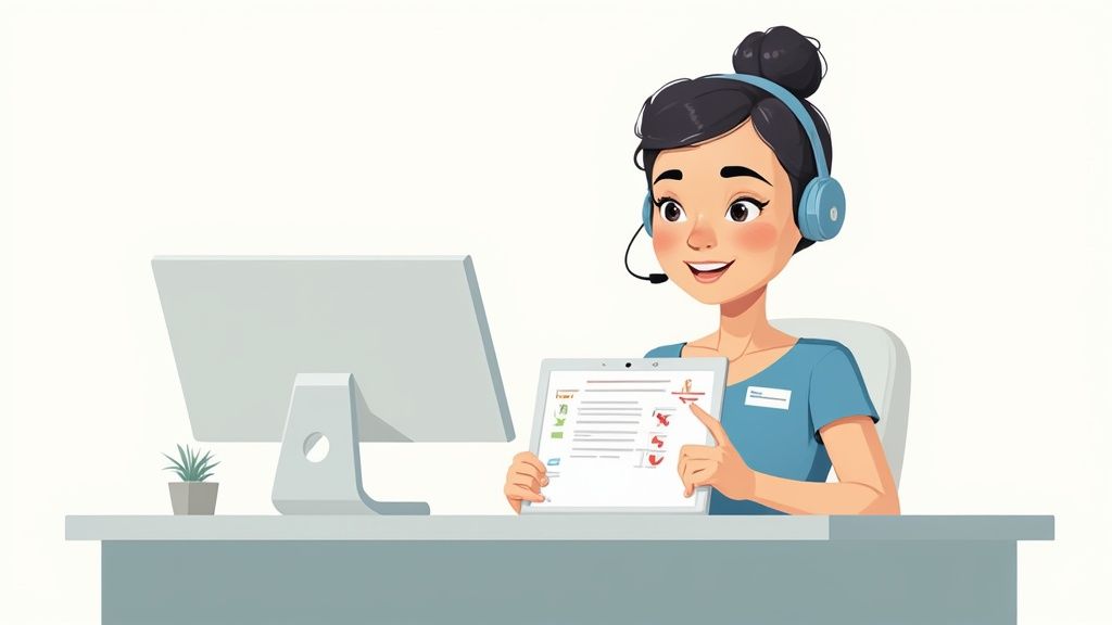 Professional female customer service representative wearing headset at desk reviewing documents on computer