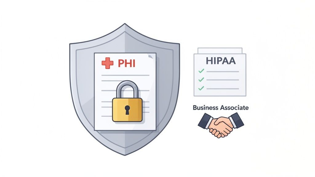 Shield protecting PHI document with padlock, symbolizing HIPAA compliance and secure medical records for business associates.