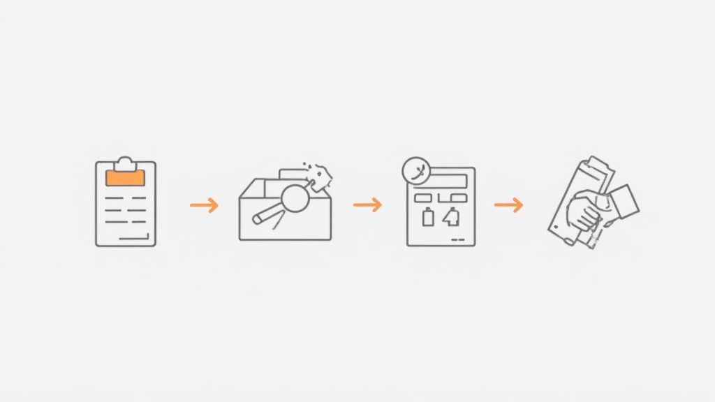 A linear workflow diagram showing icons for a document, data analysis, system management, and a handshake.
