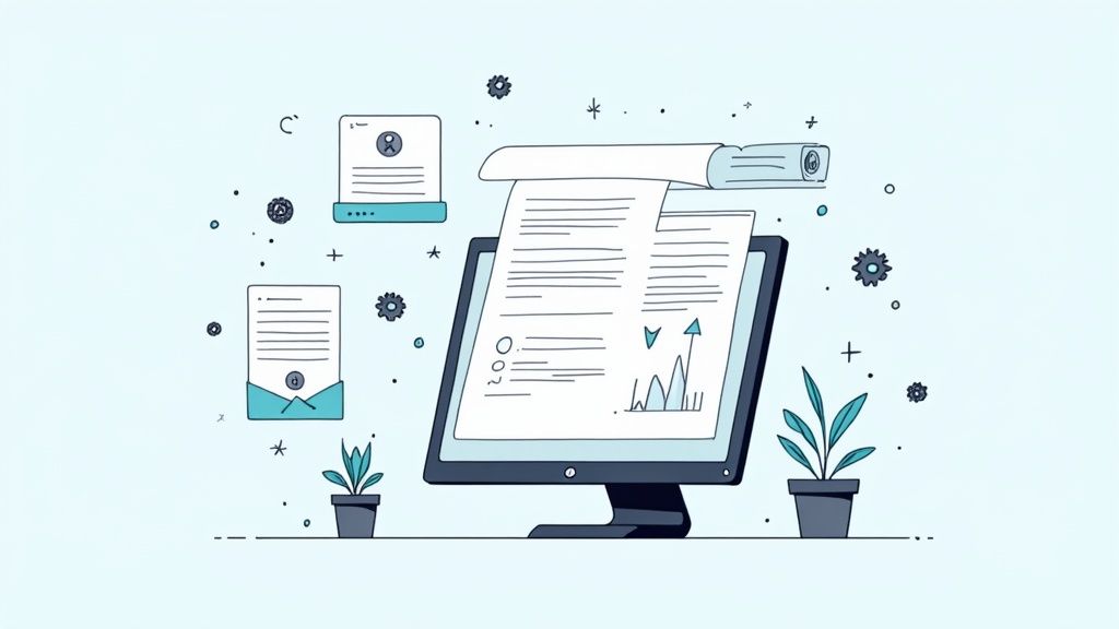 Illustration of a computer screen displaying digital documents and data analysis with floating papers and plants.