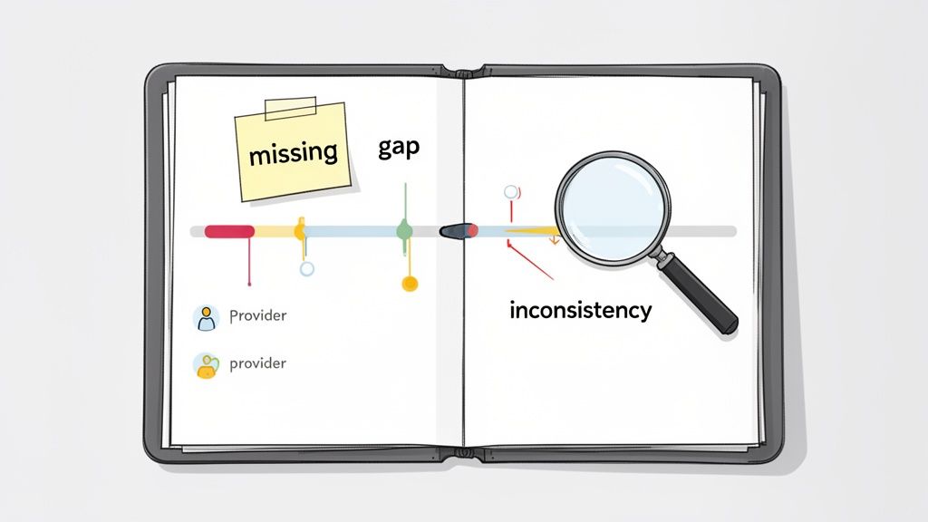An illustration in a notebook showing a timeline with labels for 'missing' data, a 'gap', and 'inconsistency' highlighted by a magnifying glass, along with 'Provider' entries.