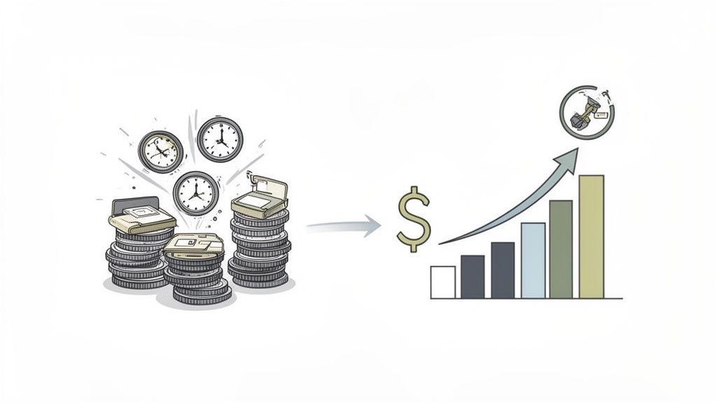 Illustration of time and documents transforming into increased financial growth and business efficiency.