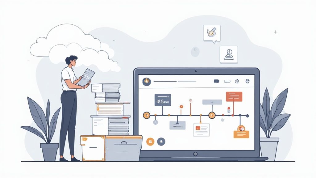 A person reviews documents next to a laptop displaying a project timeline and data, symbolizing efficient workflow.