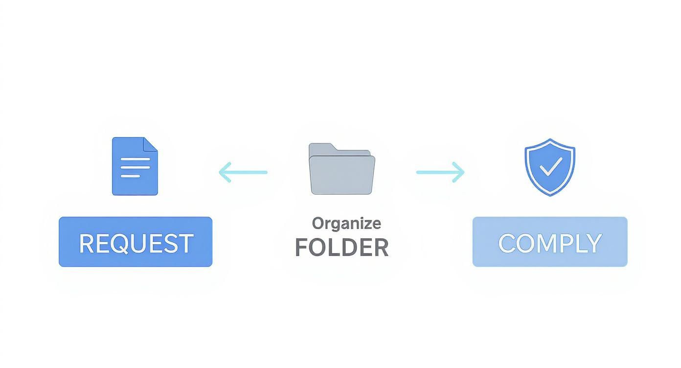Diagram showing a three-step process: Request document, Organize folder, and Comply with a shield icon.