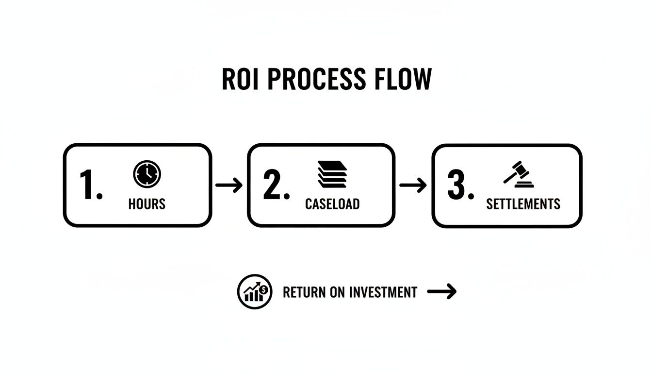 ROI process flow with steps: Hours, Caseload, and Settlements, leading to Return On Investment.