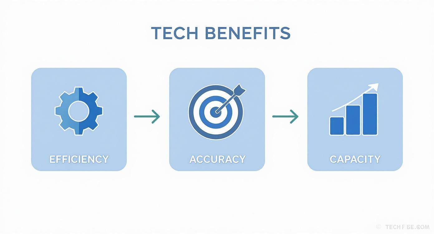 Infographic illustrating technology benefits: increased efficiency, leading to better accuracy, and ultimately higher capacity.