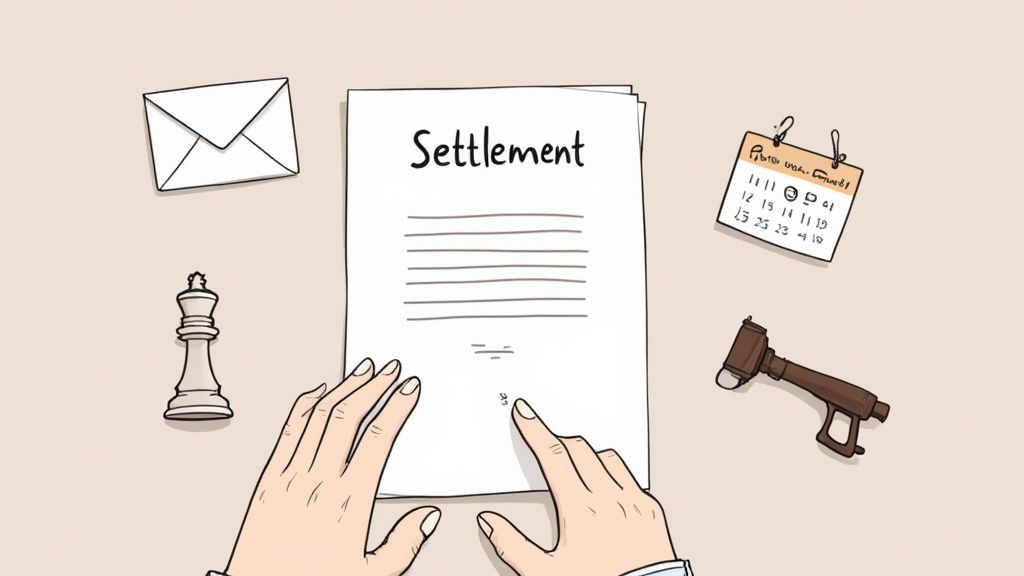 Hands reviewing a settlement document with legal items like a gavel, chess piece, and calendar.