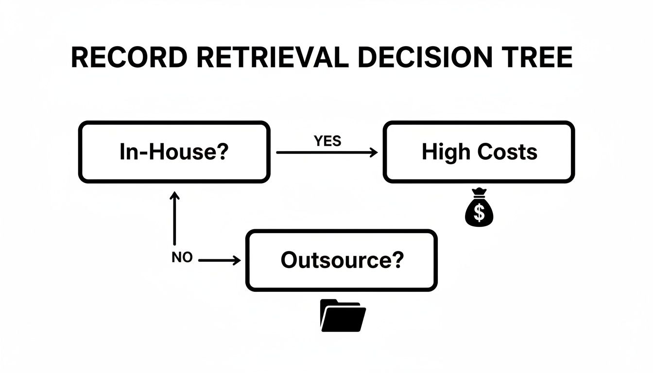 A record retrieval decision tree flowchart showing options for in-house versus outsource management.