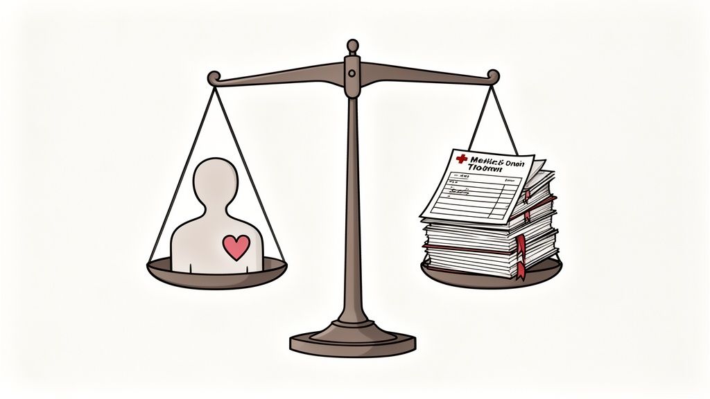 A balance scale weighing human health and well-being against a stack of medical or legal documents.