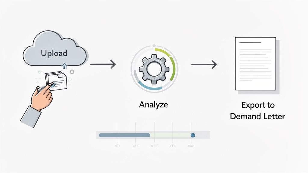 Diagram showing an AI-powered workflow: upload documents to cloud, analyze, and export to a demand letter.