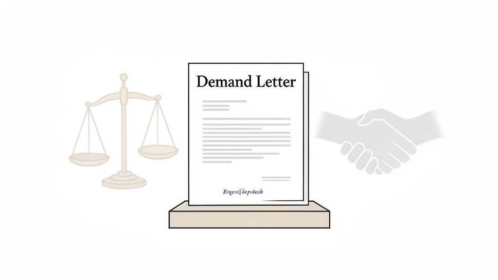 An illustration showing a scale of justice, a demand letter document, and two hands shaking.