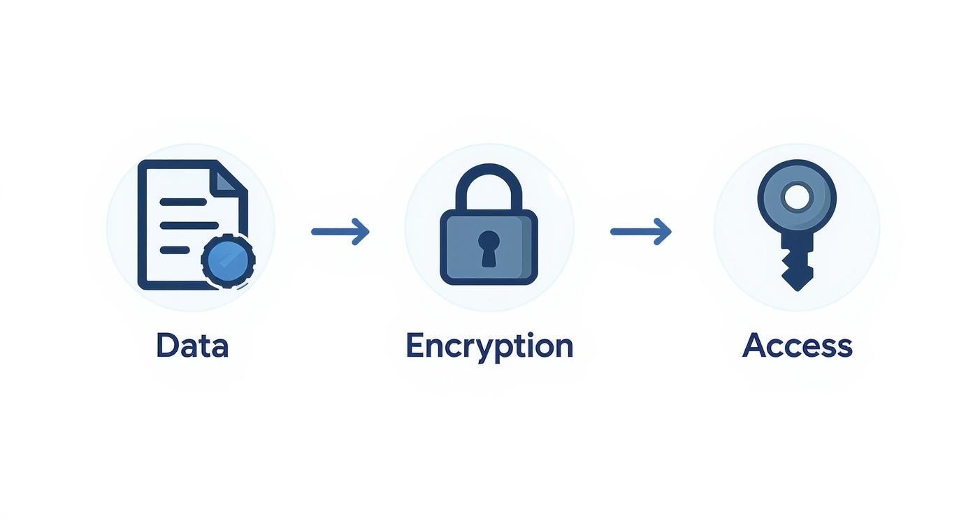A visual flow demonstrating data encryption, showing a document, a padlock, and a key for access.