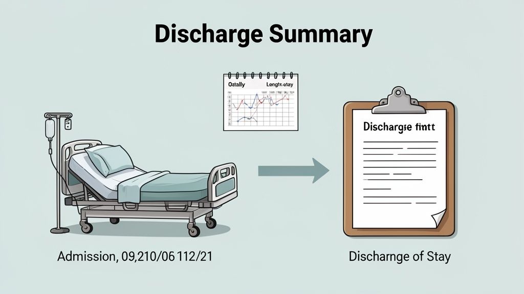 A cartoon illustration showing a hospital bed, a chart, and a clipboard with a discharge summary, illustrating patient discharge.