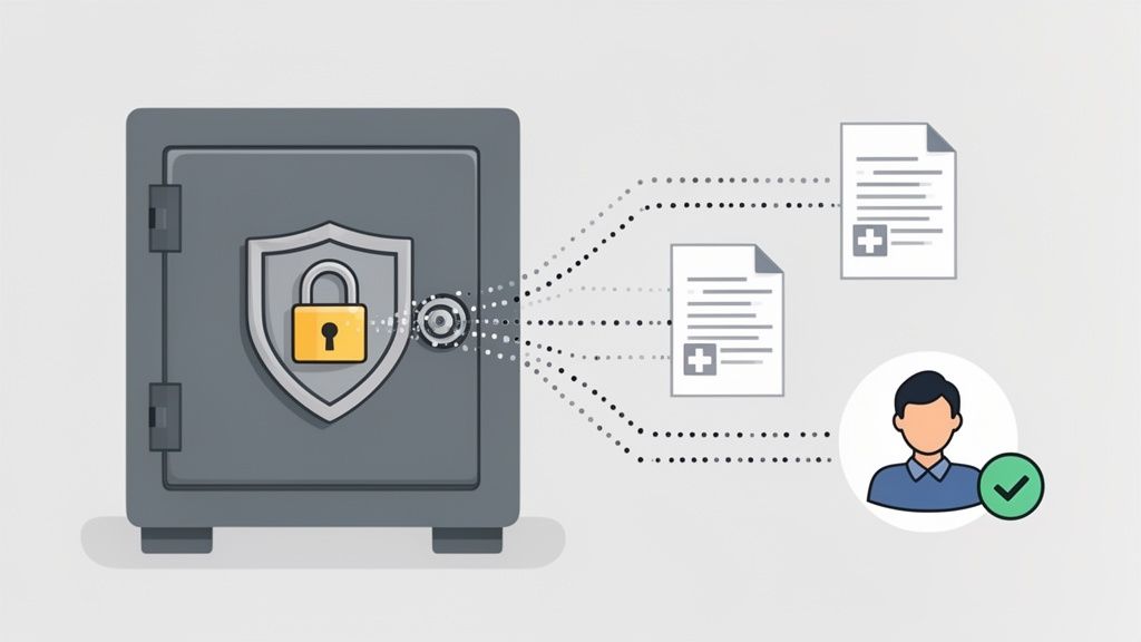Illustration of a secure safe providing authorized access to medical records for a verified user.