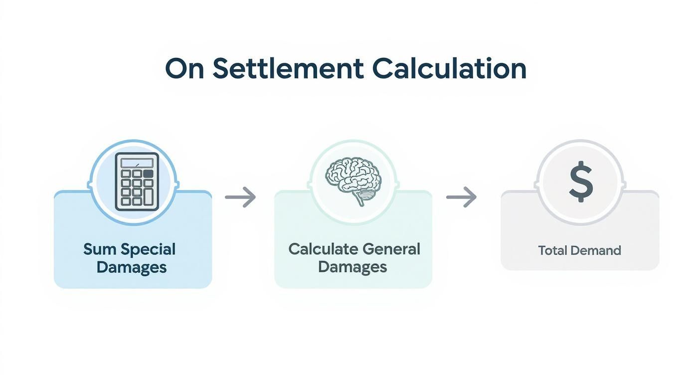 Flowchart showing the settlement calculation process: summing special damages, calculating general damages, and arriving at the total demand.