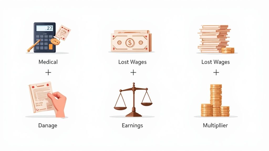 Icons for medical costs, lost wages, damages, earnings, and multipliers in an injury calculation.