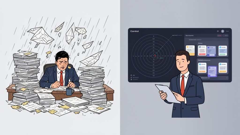Man overwhelmed by paper versus man using efficient legal workflow management software.