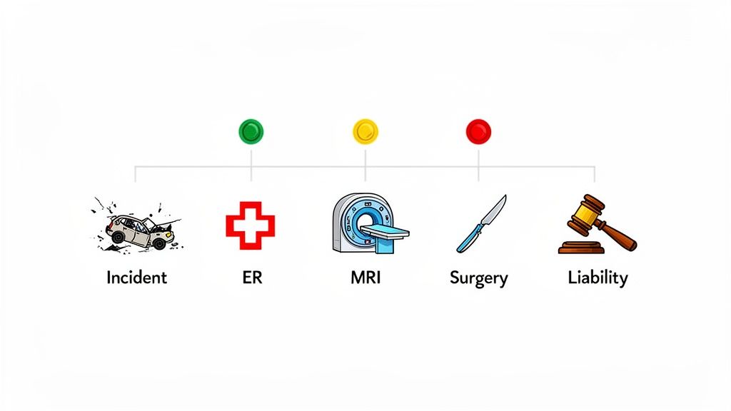 A diagram illustrating the stages from a car incident to medical treatment (ER, MRI, Surgery) and legal liability.