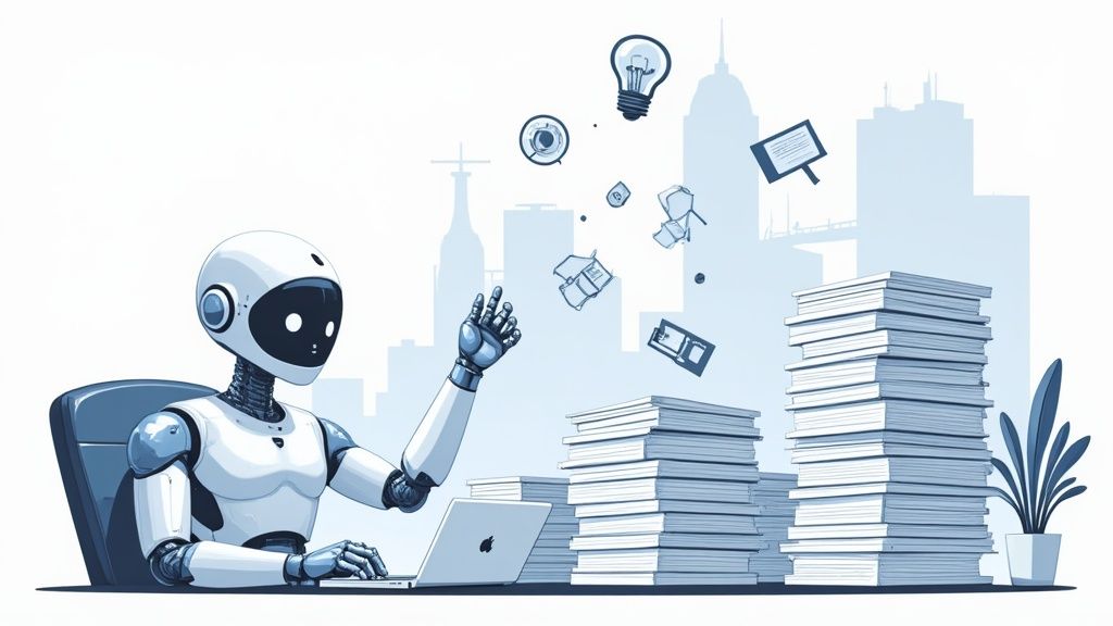 An AI robot processes information at a desk, surrounded by documents and a city skyline.