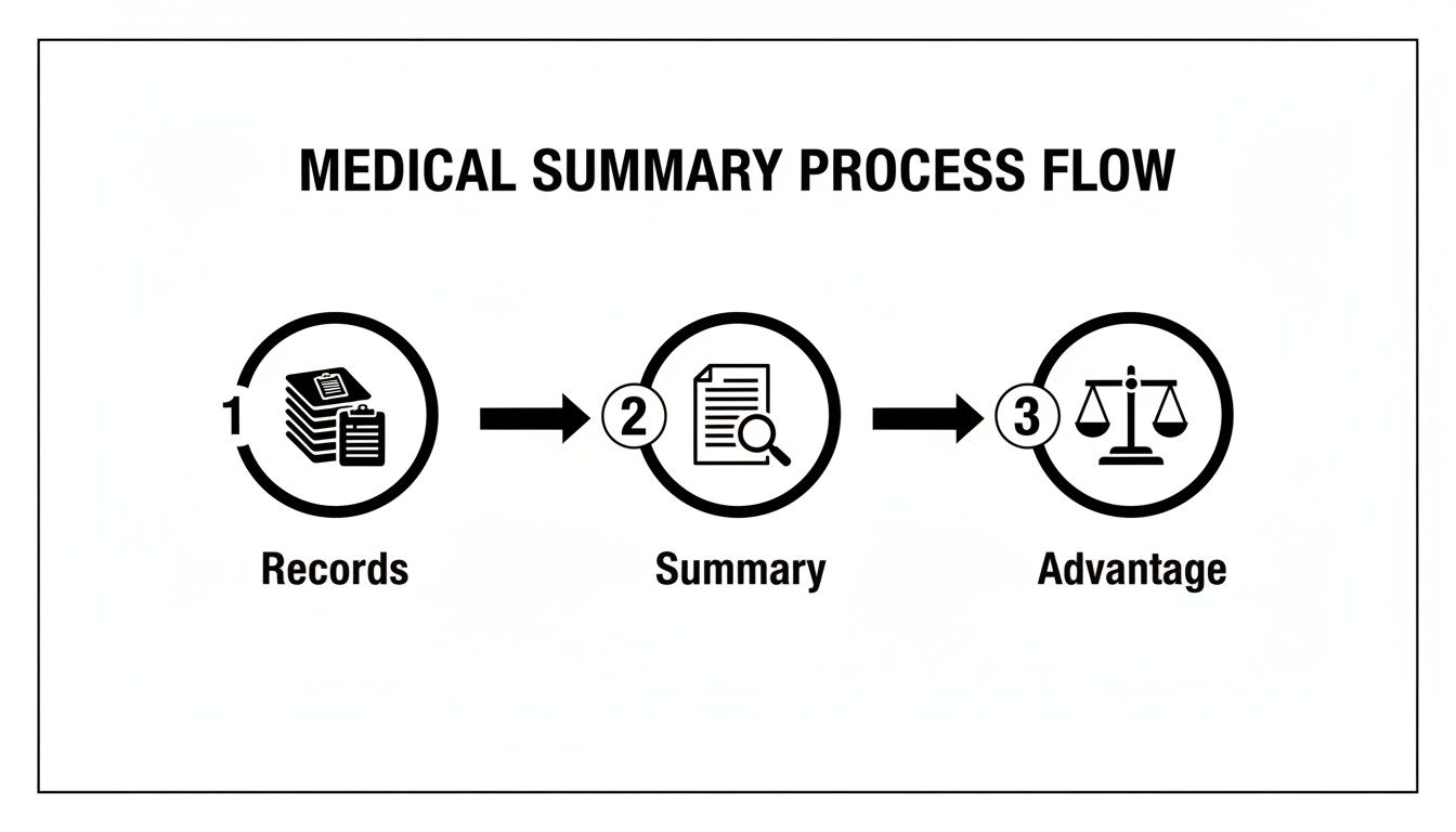 A medical summary process flow diagram illustrating records, summary, and advantage stages.