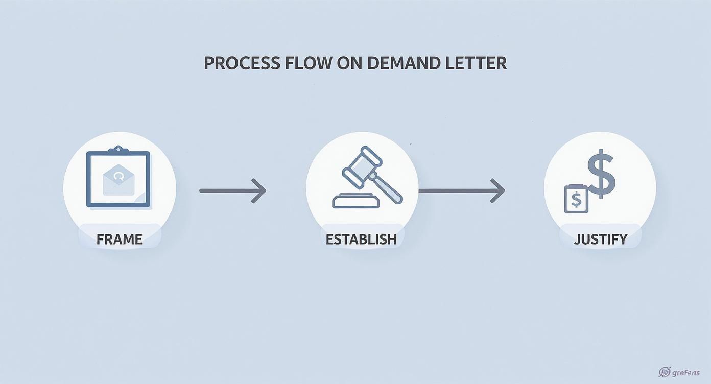 Process flow on demand letter showing three steps: frame, establish, and justify, with icons.