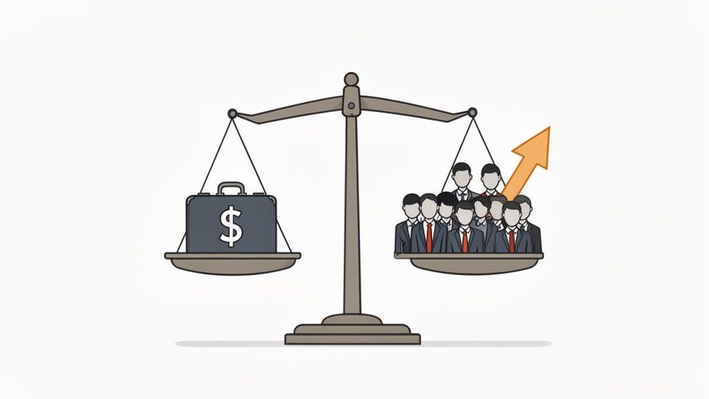 A scale balancing a dollar sign briefcase on one side with a group of people and an upward arrow on the other.