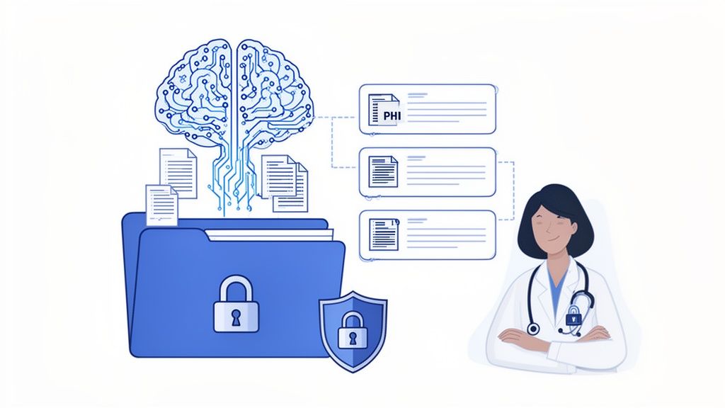 AI brain processing secure medical data (PHI) in a locked folder with a doctor.