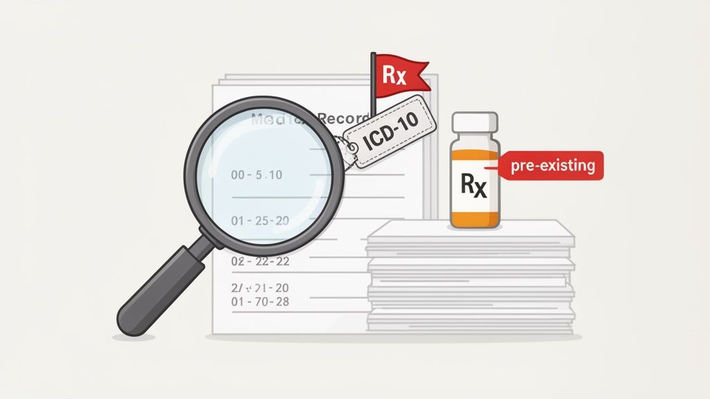 Magnifying glass reviewing medical records with Rx flag, ICD-10 tag, and pre-existing condition on a prescription bottle.