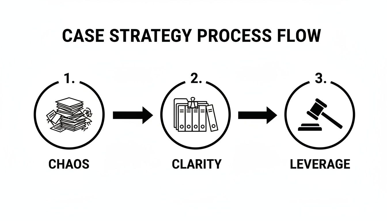 Process flow for case strategy showing steps from chaotic documents to organized clarity and leverage.