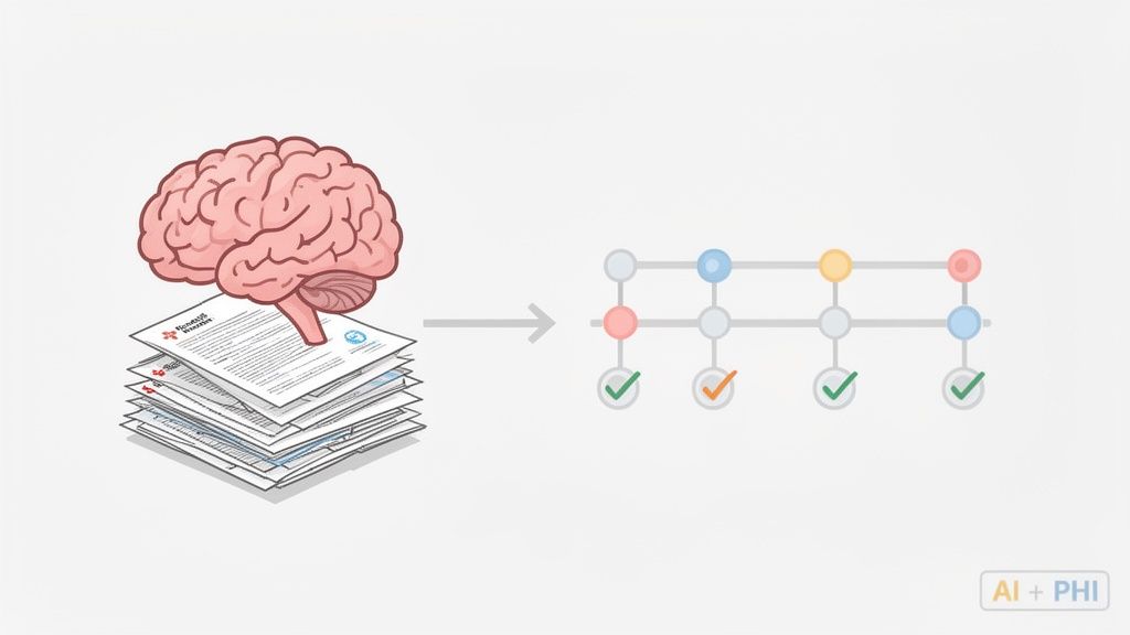 An illustration showing a brain on medical records transforming into a structured data timeline with AI+PHI.