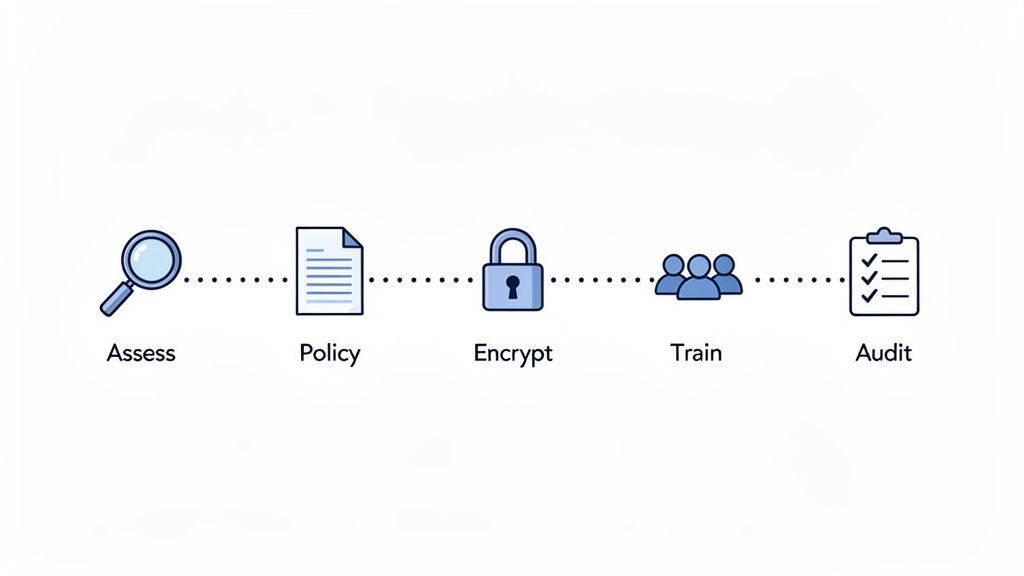A visual process flow showing steps: Assess, Policy, Encrypt, Train, Audit with icons.