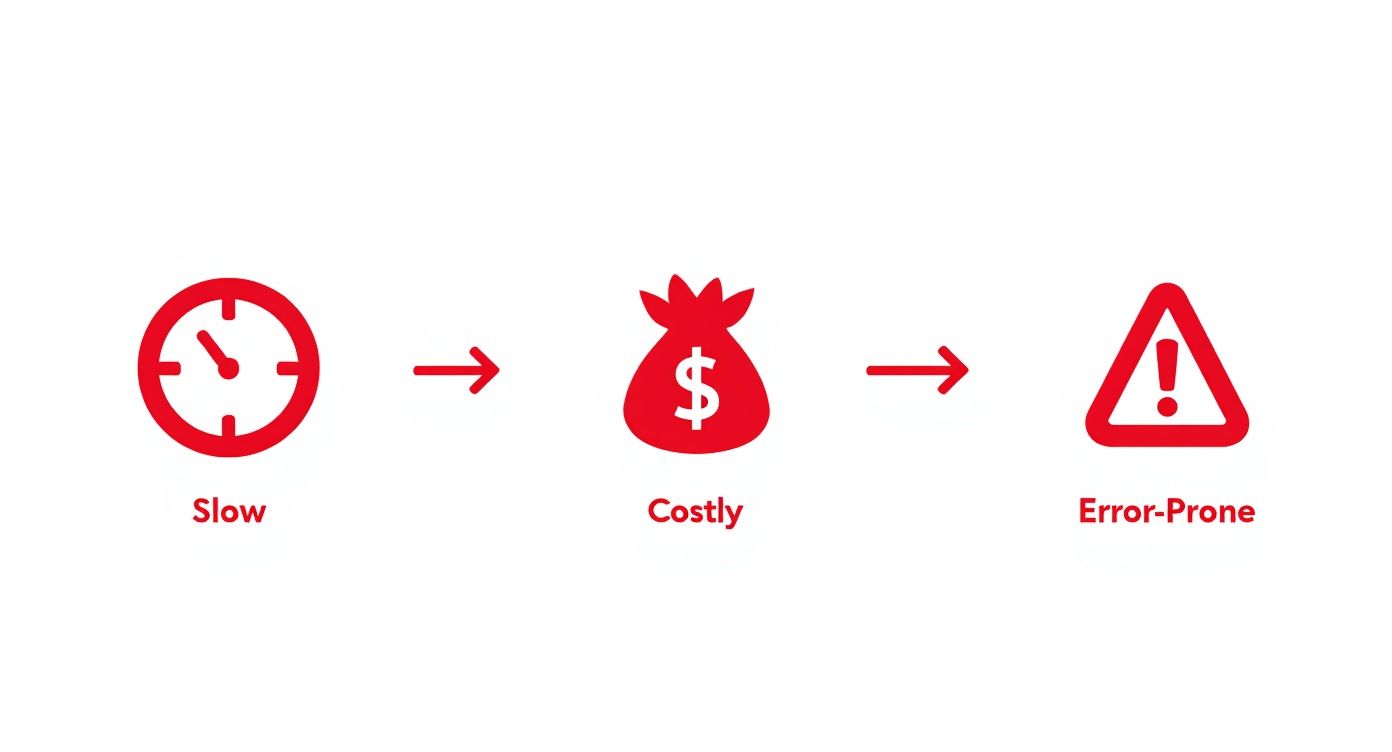 A red clock labeled 'Slow' leading to a money bag labeled 'Costly' and then an error triangle labeled 'Error-Prone', connected by arrows.