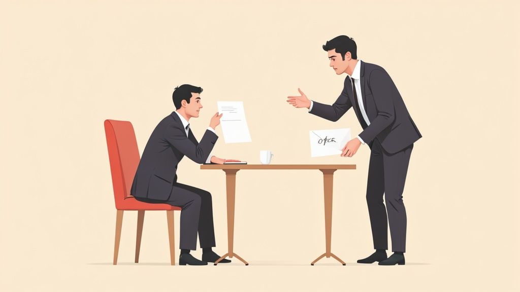 A professional negotiation taking place in an office, illustrating settlement discussions