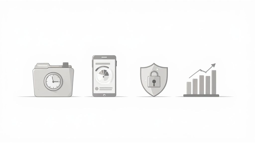 Four icons: folder with clock, smartphone with pie chart, security shield, and growing bar graph.