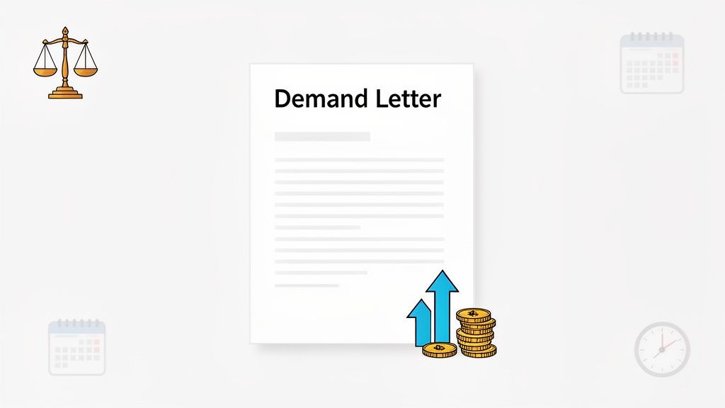 A demand letter document shown with a scale of justice, upward arrows, and coins, symbolizing a legal claim.