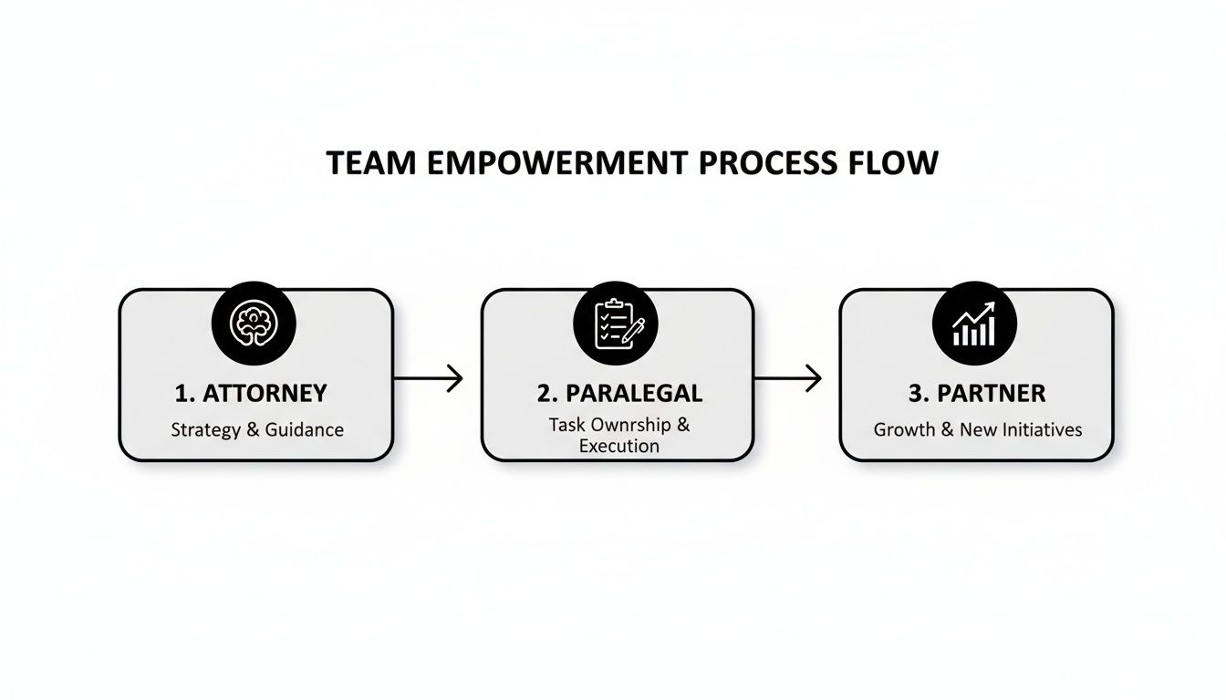 Team empowerment process flow depicting roles of attorney, paralegal, and partner with their responsibilities.